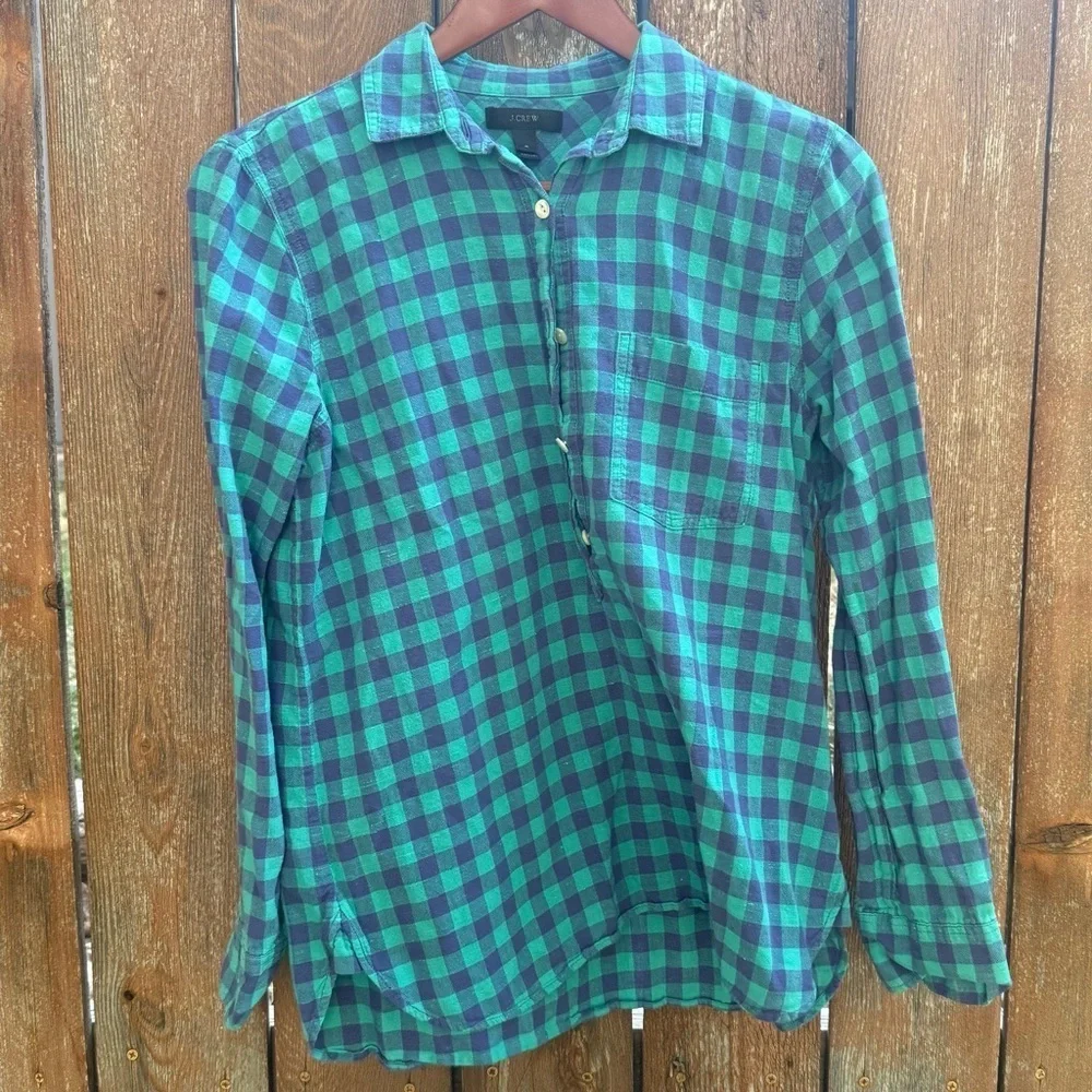 J CREW Women’s Green Blue Plaid Check Cotton Pull Over Blouse Shirt Size 4